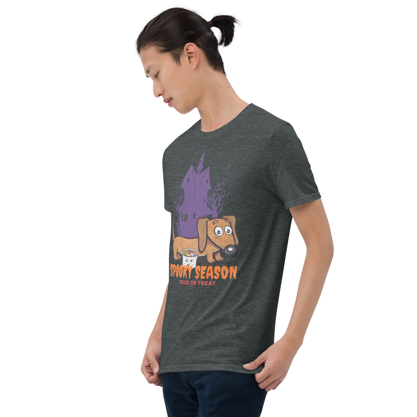 Funny and Cute Doxie Dachshund dog on an adorable spooky Halloween Unisex Tee t shirt