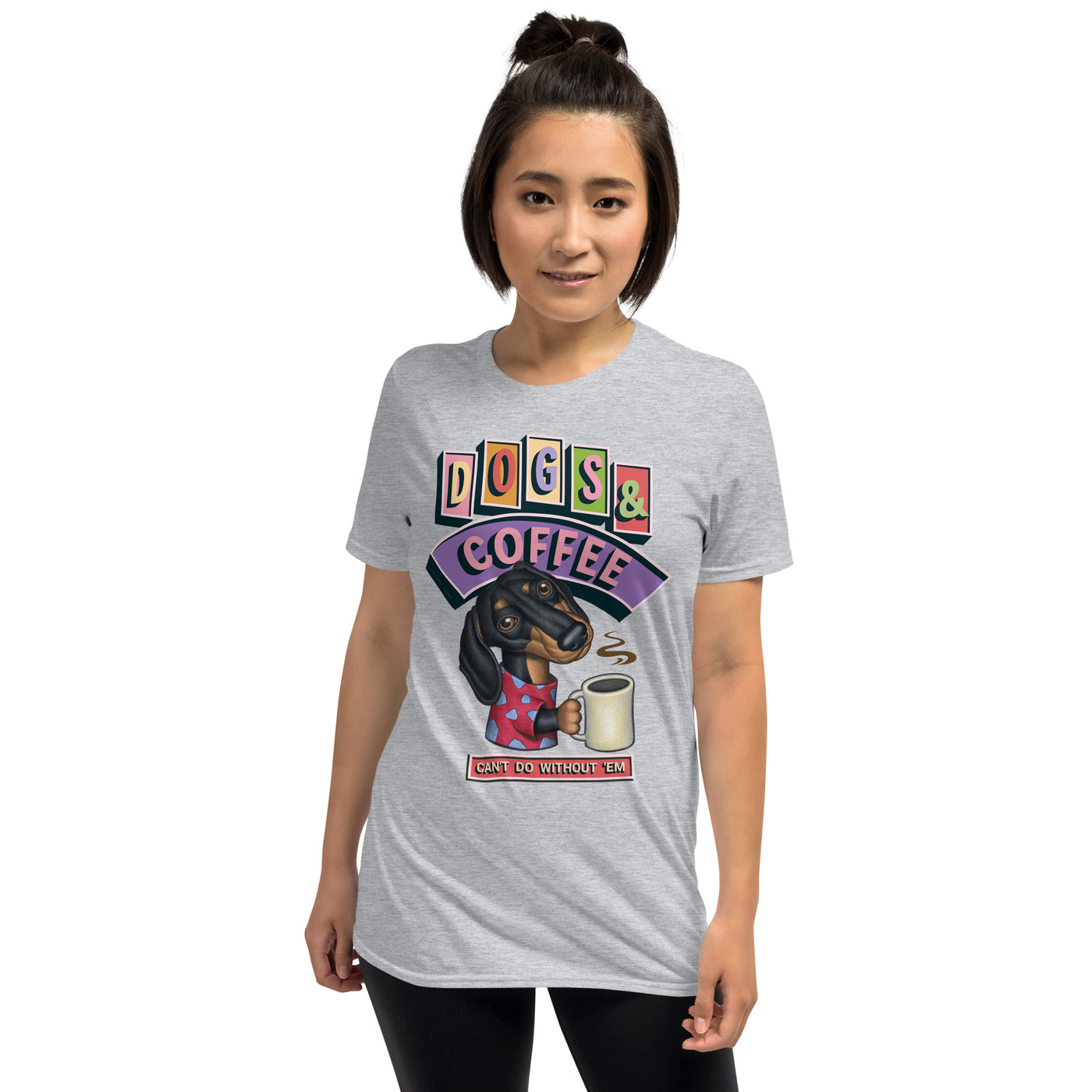 Funny Doxie with a cup of java with classic dogs and coffee on a Dogs and Coffee Unisex T-Shirt