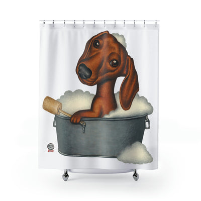 Cute adorable Doxie Dog in a retro tub on Dachshund Bubble Bath Shower Curtain