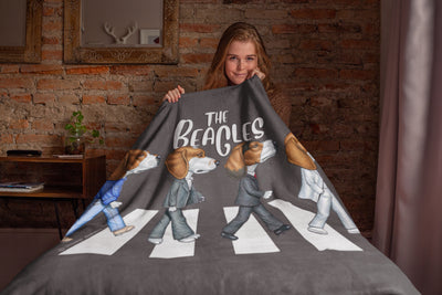 Funny cute Beagle Dogs walking across classic street on The Beagles Throw Blanket