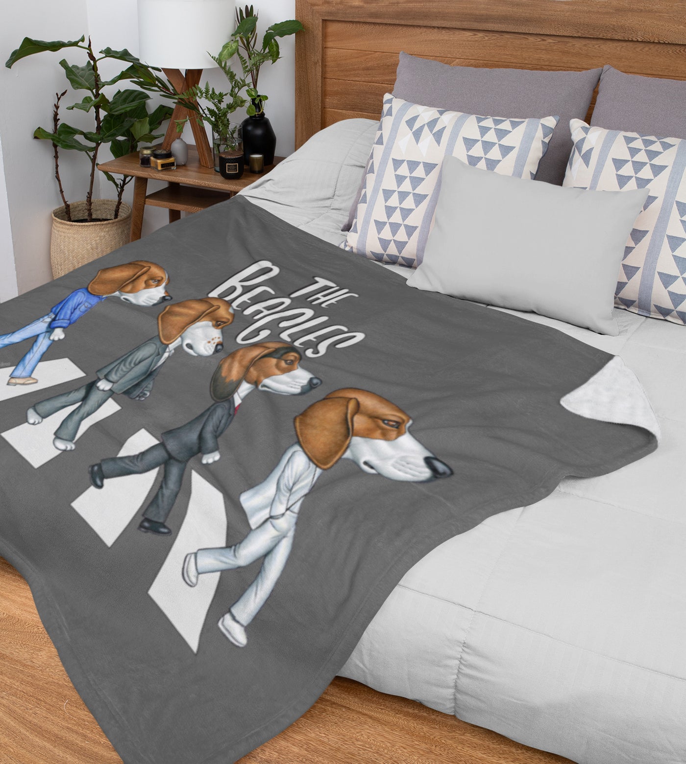 Funny cute Beagle Dogs walking across classic street on The Beagles Throw Blanket