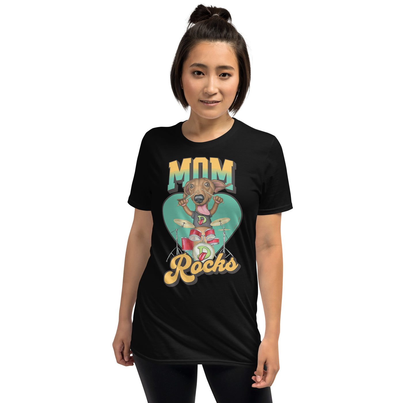 Funny Doxie dog rocks with drums on Cute Mom Rocks Unisex T-Shirt