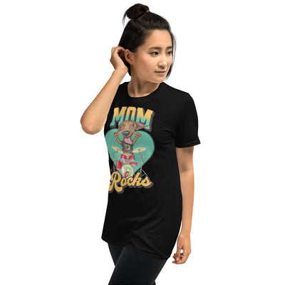 Funny Doxie dog rocks with drums on Cute Mom Rocks Unisex T-Shirt