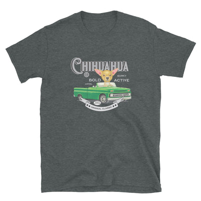 Classic truck with a chihuahua dog on a Vintage Chihuahua Unisex T-Shirt