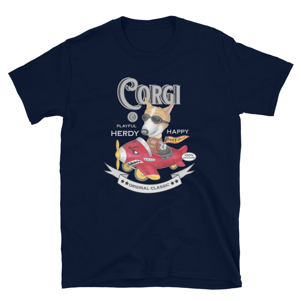 Funny corgi dog flying a plane with a classic Vintage Corgi Unisex T-Shirt