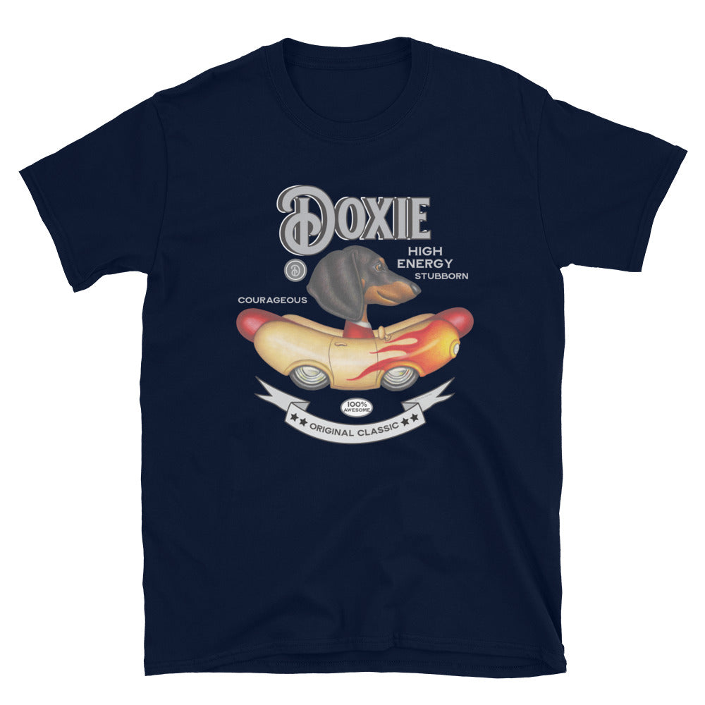 Classic Doxie Dog driving a retro car on a funny Vintage Dachshund Unisex T-Shirt