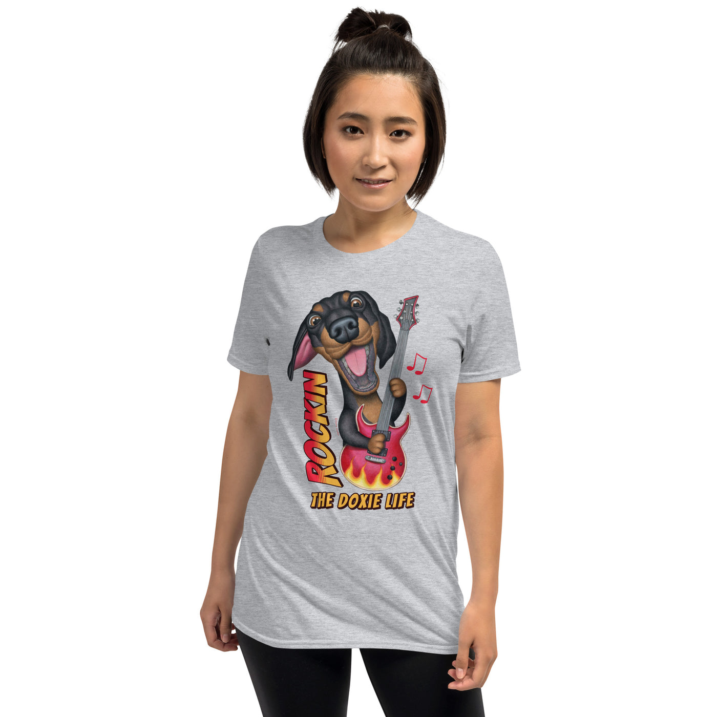 Musical Doxie Dog rockin with a retro guitar on a Rockin The Doxie Life Unisex T-Shirt