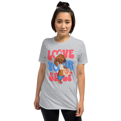 Cute Doxie dog with lots of love on a Love Yourself Unisex T-Shirt