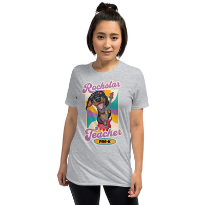 Cute funny classroom teacher tee with doxie dog on a cool Pre-K Rockstar Teacher Unisex T-Shirt