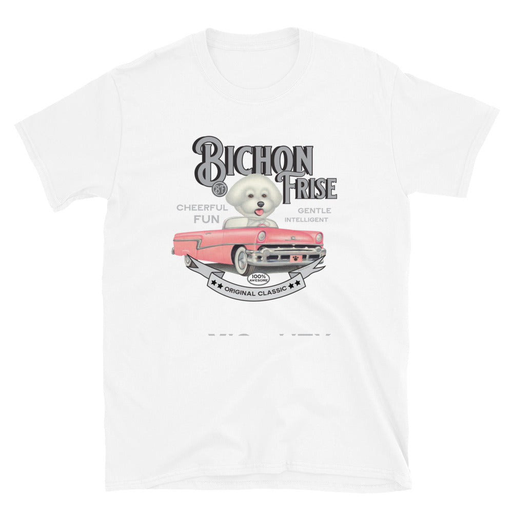 Cute and Adorable Bichon Frise Dog shopping in a classic car on Vintage Bichon Frise Unisex T-Shirt