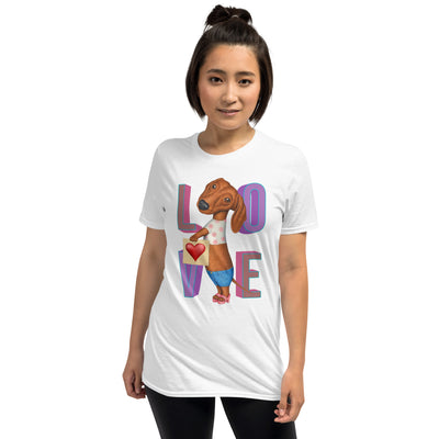 Doxie Dog with a cute love symbol on a Dachshund LOVE Unisex T-Shirt