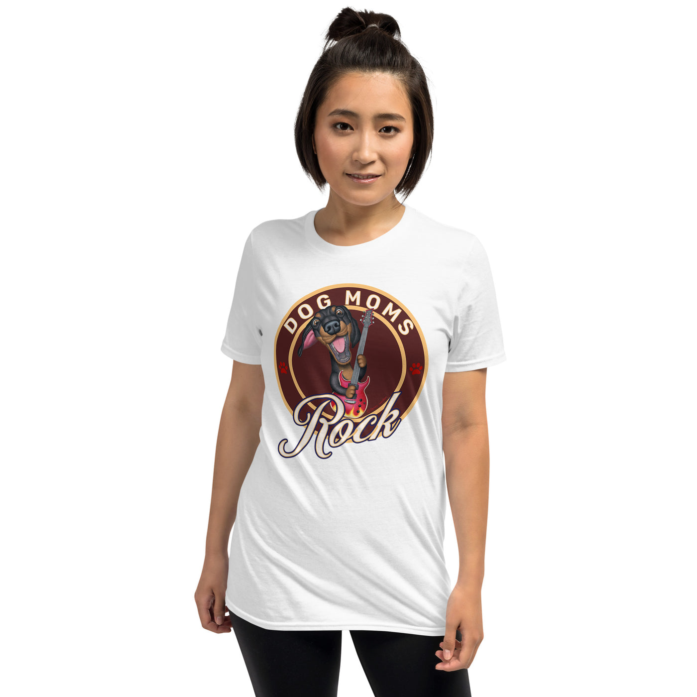 Cute Doxie with classic guitar on a Dog Moms Rock Unisex T-Shirt tee