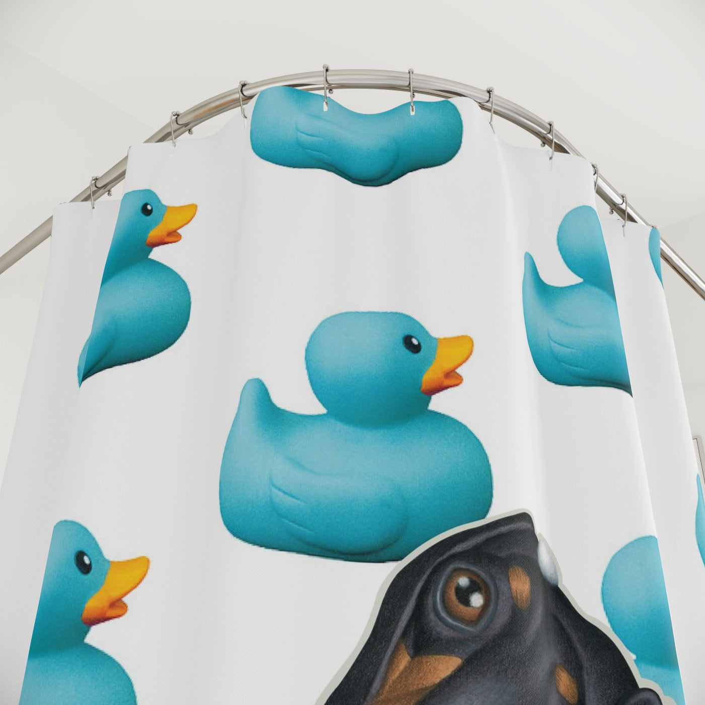 Cute Humorous Black Dachshund Dog Bathing In Tub, Blue Duck Pattern