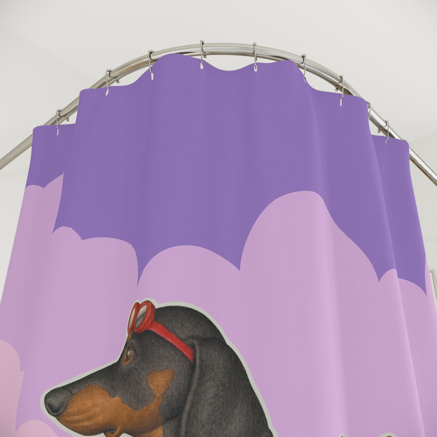 Cute Adorable Black Dachshund Dog Flying Sausage Plane, pink, lilac. purple,