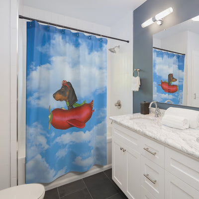 Shower Curtains - Cute Funny Dachshund Flying Sausage Shaped Airplane Design