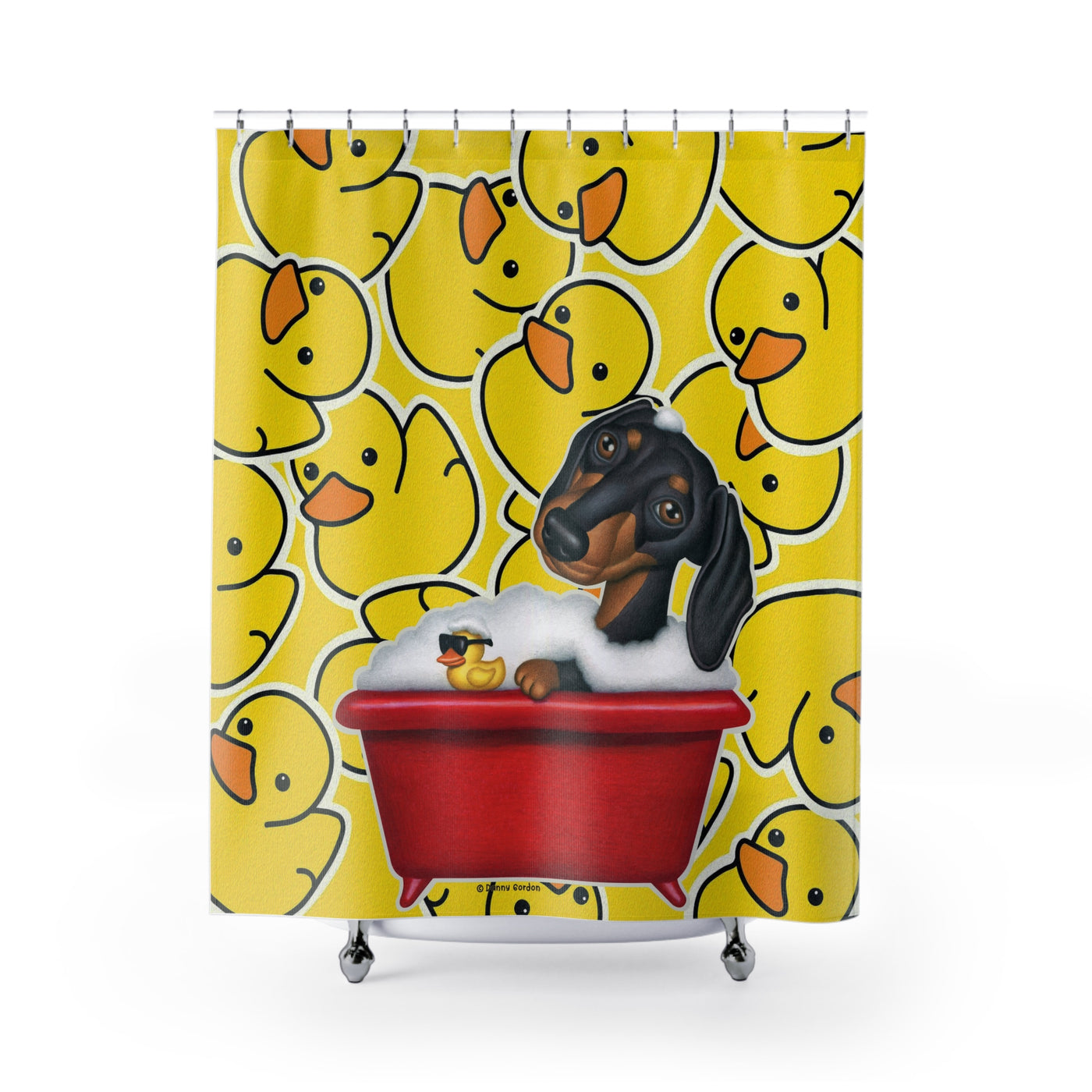 Cute Black Dachshund Dog Bathing In Tub, Yellow Duck Pattern