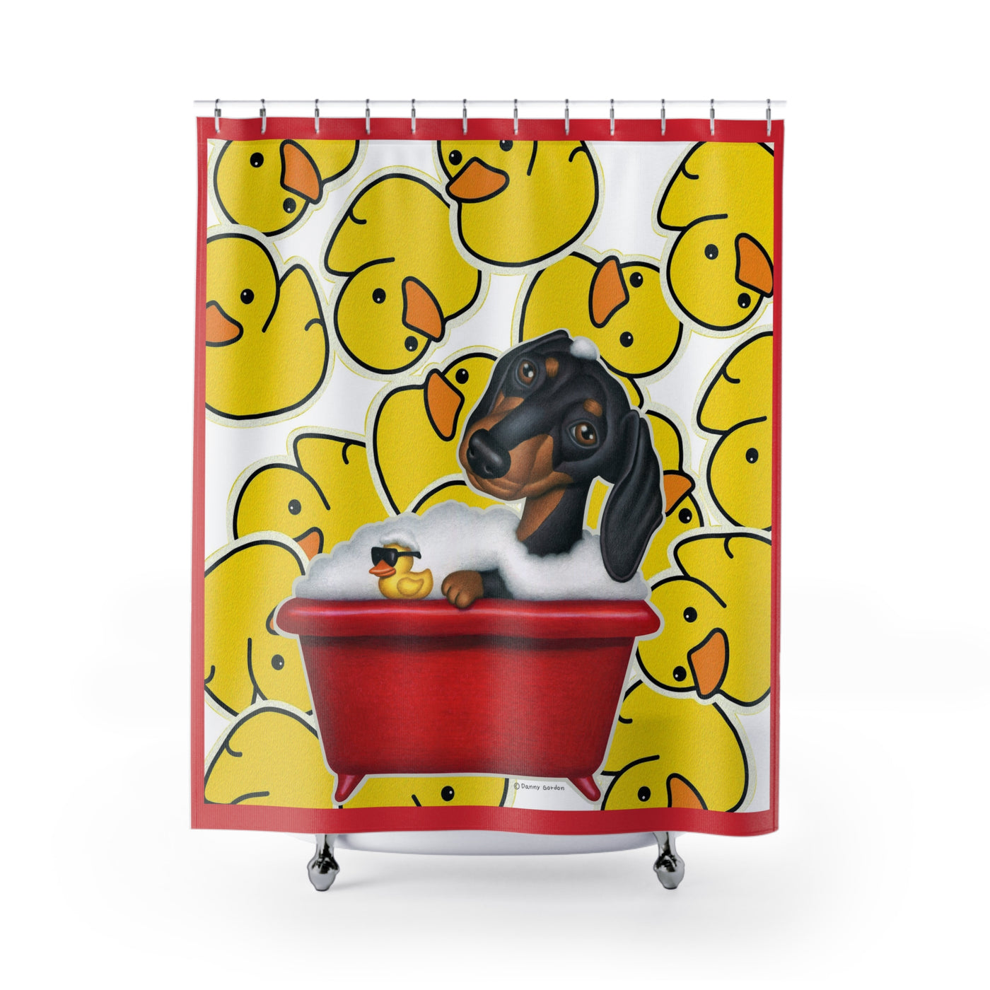 Cute Black Dachshund Dog Bathing In Tub, Yellow Ducks