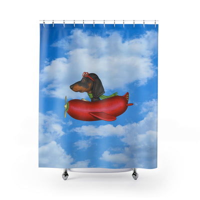 Shower Curtains - Cute Funny Dachshund Flying Sausage Shaped Airplane Design