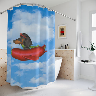 Shower Curtains - Cute Funny Dachshund Flying Sausage Shaped Airplane Design