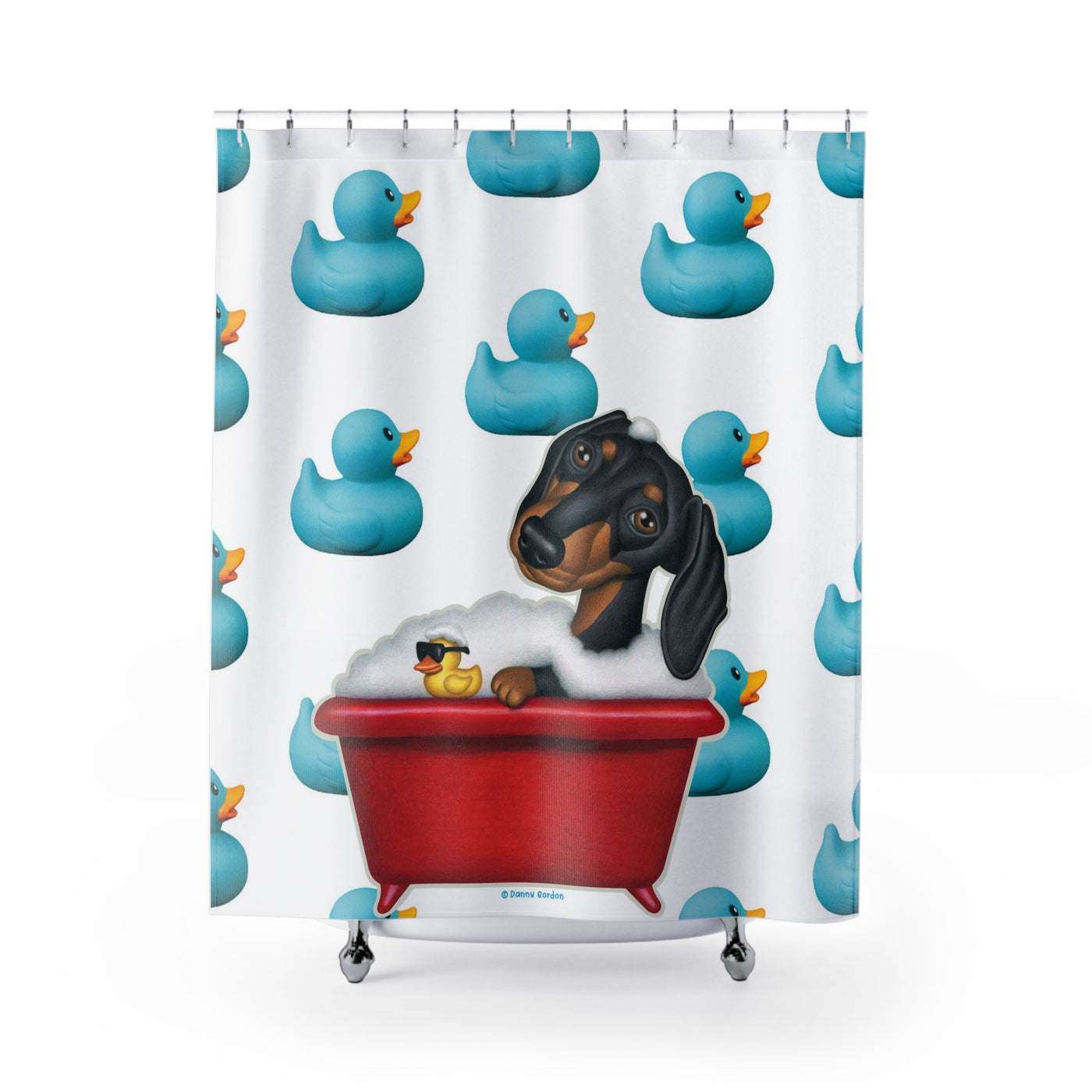 Cute Humorous Black Dachshund Dog Bathing In Tub, Blue Duck Pattern