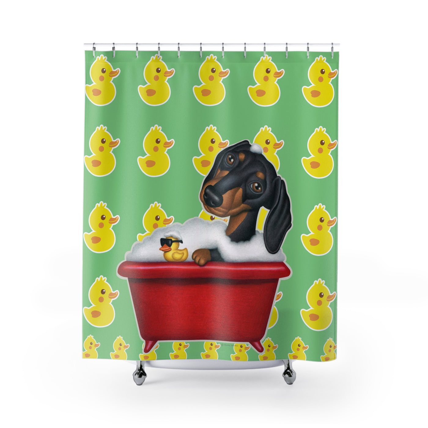 Cute Black Dachshund Dog Bathing In Tub, Lime Green Duck Pattern