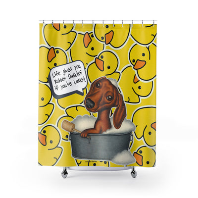 Cute Dachshund Dog Bathing In Tub, Bathroom Decor Art, Yellow Duck Pattern with the words life give you rubber duckies if your lucky