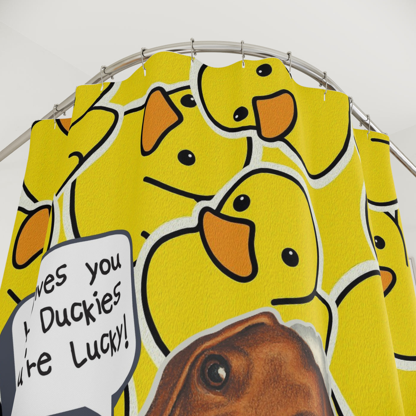 Cute Dachshund Dog Bathing In Tub, Bathroom Decor Art, Yellow Duck Pattern with the words life give you rubber duckies if your lucky