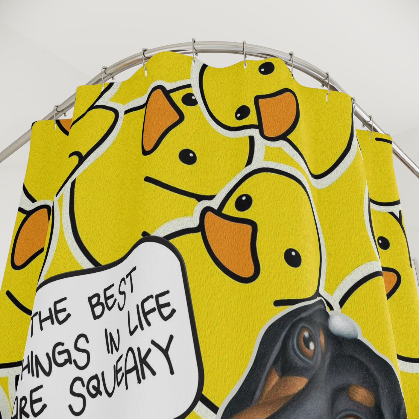 Adorable Black Dachshund Dog Bathing In Tub, Yellow Duck Pattern with the best things in life are squeaky!