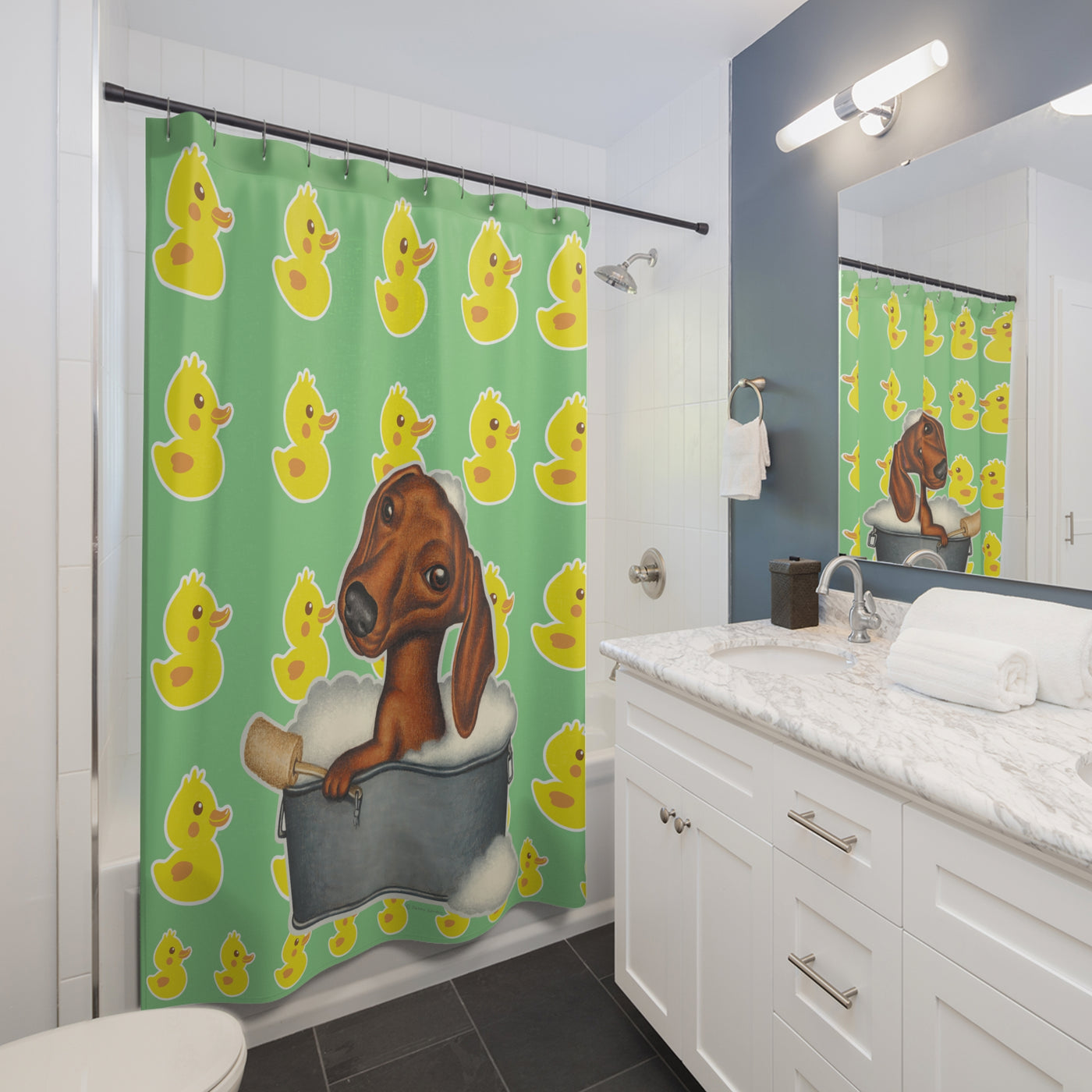 Cute Dachshund Dog Bathing In Tub, Lime Green Duck Pattern