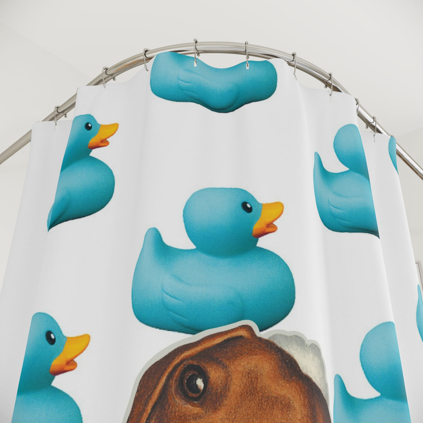 Cute Dachshund Dog Taking Bubble Bath In Tub, Blue Ducks