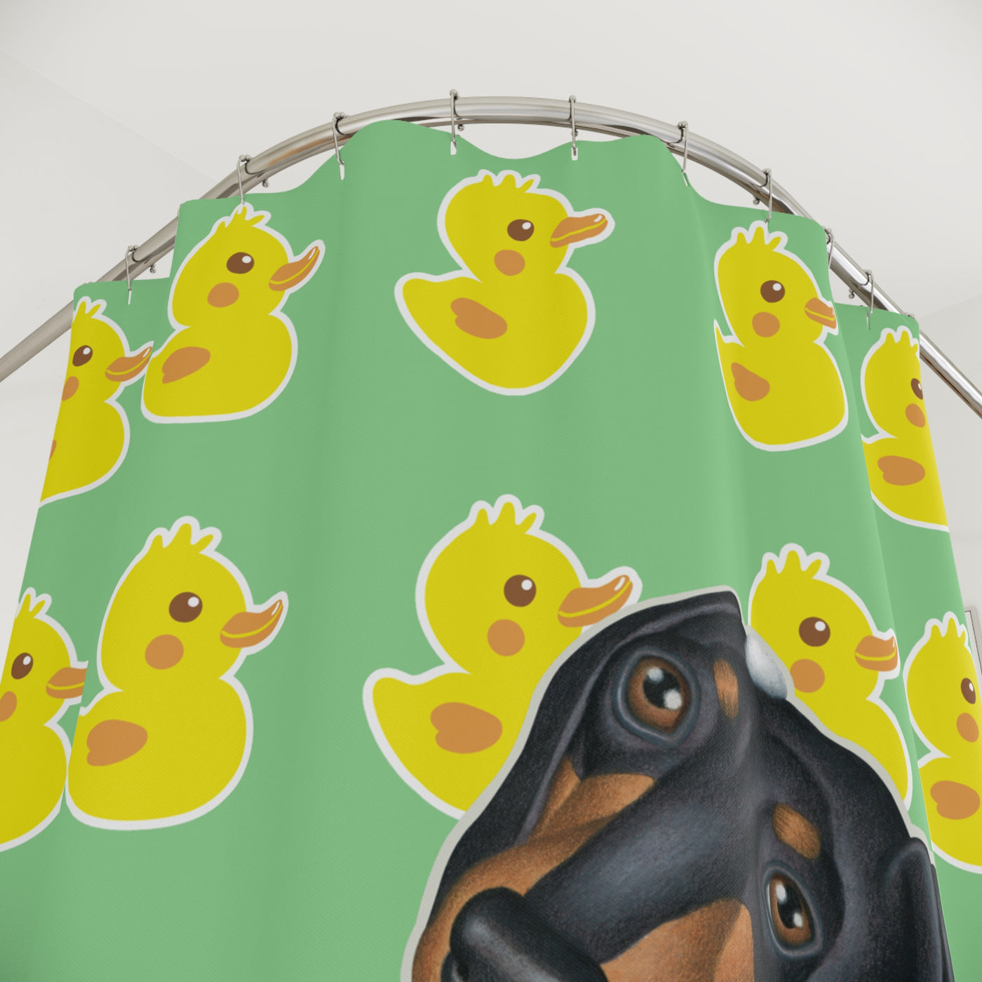 Cute Black Dachshund Dog Bathing In Tub, Lime Green Duck Pattern