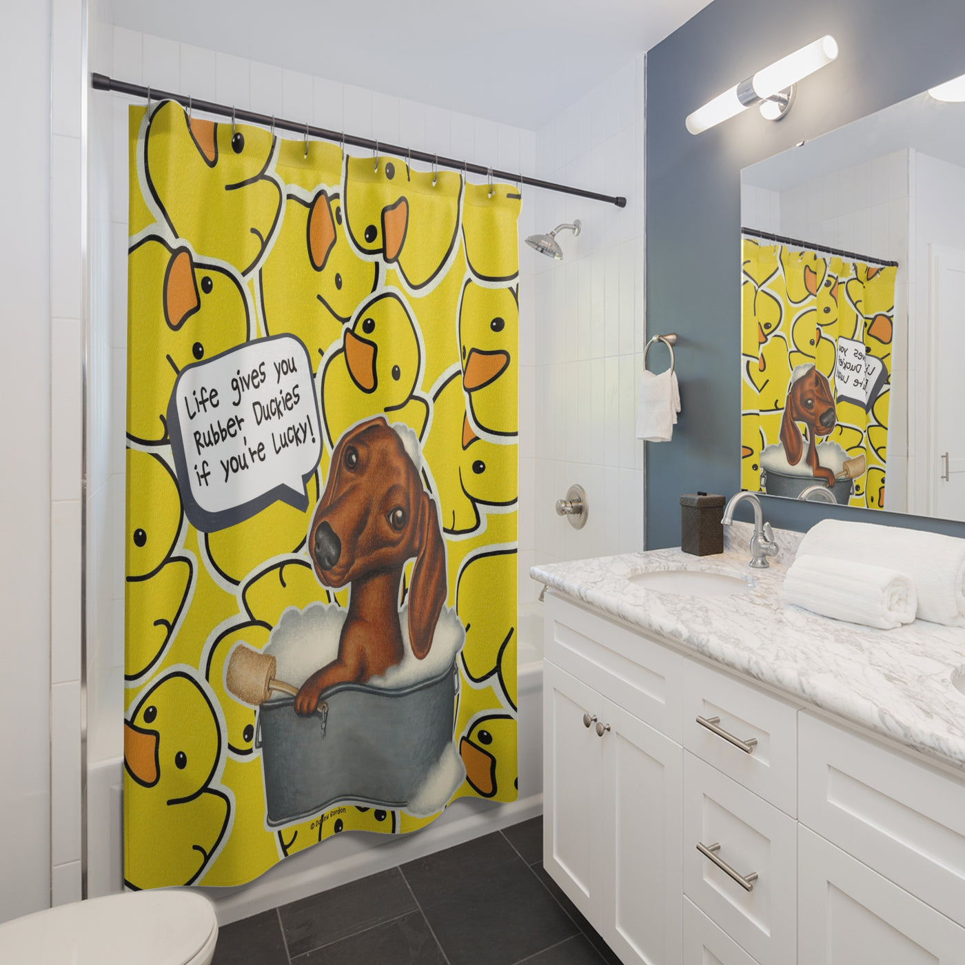 Cute Dachshund Dog Bathing In Tub, Bathroom Decor Art, Yellow Duck Pattern with the words life give you rubber duckies if your lucky