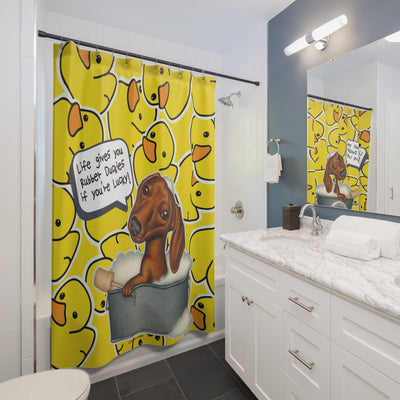 Cute Dachshund Dog Bathing In Tub, Bathroom Decor Art, Yellow Duck Pattern with the words life give you rubber duckies if your lucky