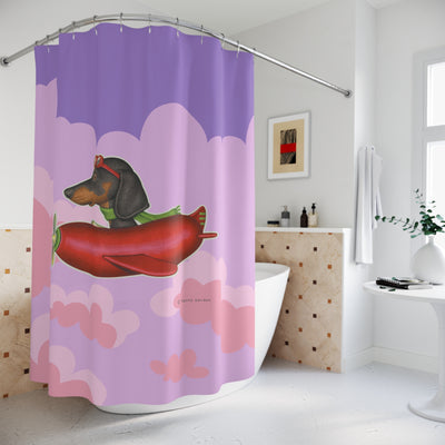 Cute Adorable Black Dachshund Dog Flying Sausage Plane, pink, lilac. purple,