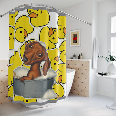 Cute Dachshund Dog Bathing In Tub, Yellow Ducks