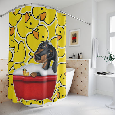 Cute Black Dachshund Dog Bathing In Tub, Yellow Duck Pattern