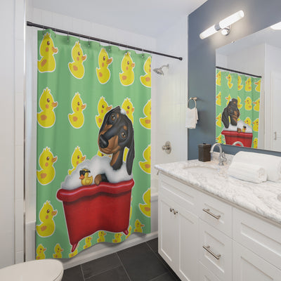 Cute Black Dachshund Dog Bathing In Tub, Lime Green Duck Pattern