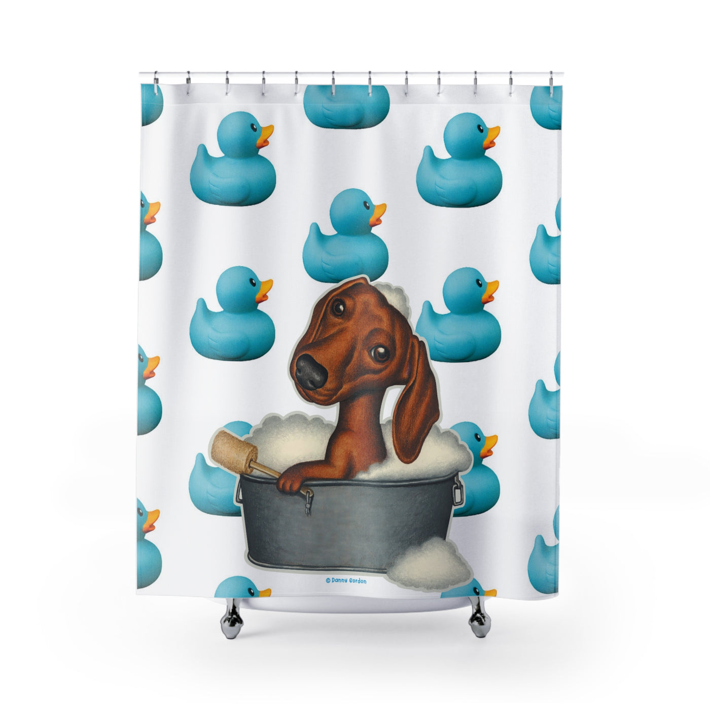 Cute Dachshund Dog Taking Bubble Bath In Tub, Blue Ducks