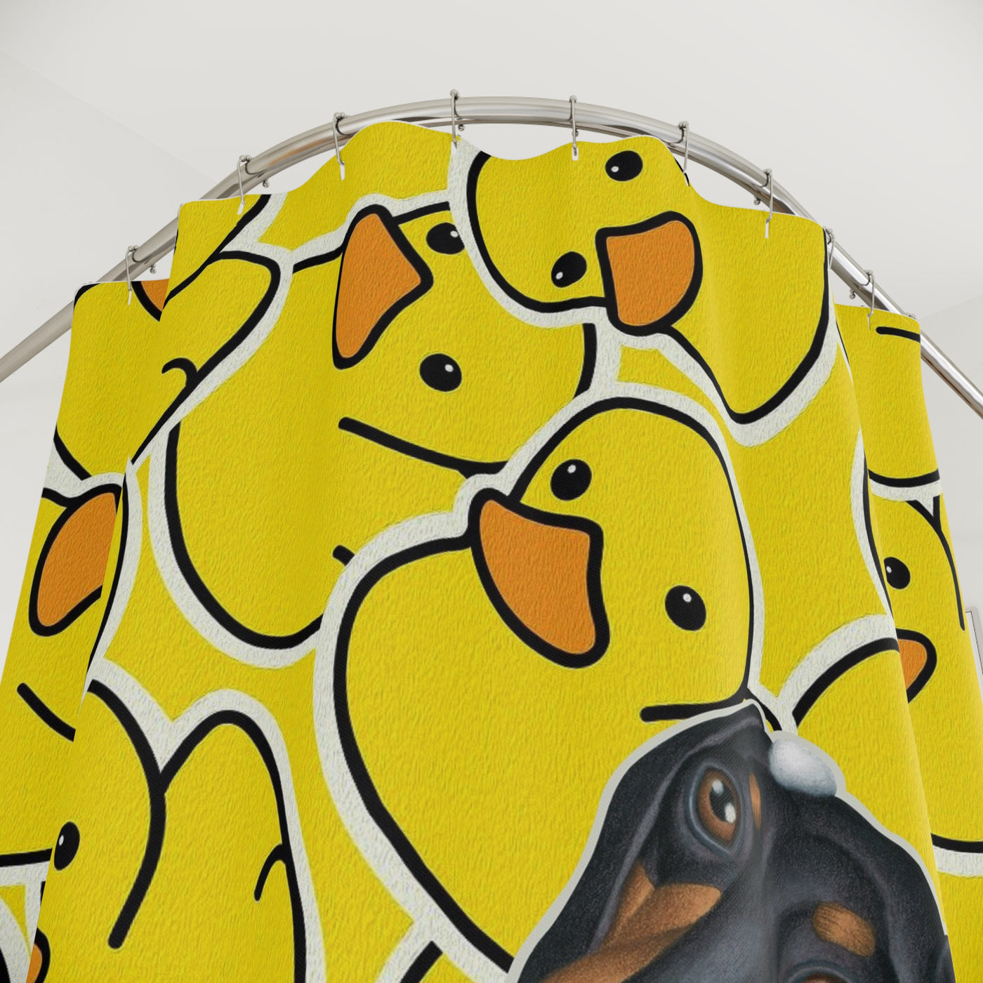 Cute Black Dachshund Dog Bathing In Tub, Yellow Duck Pattern