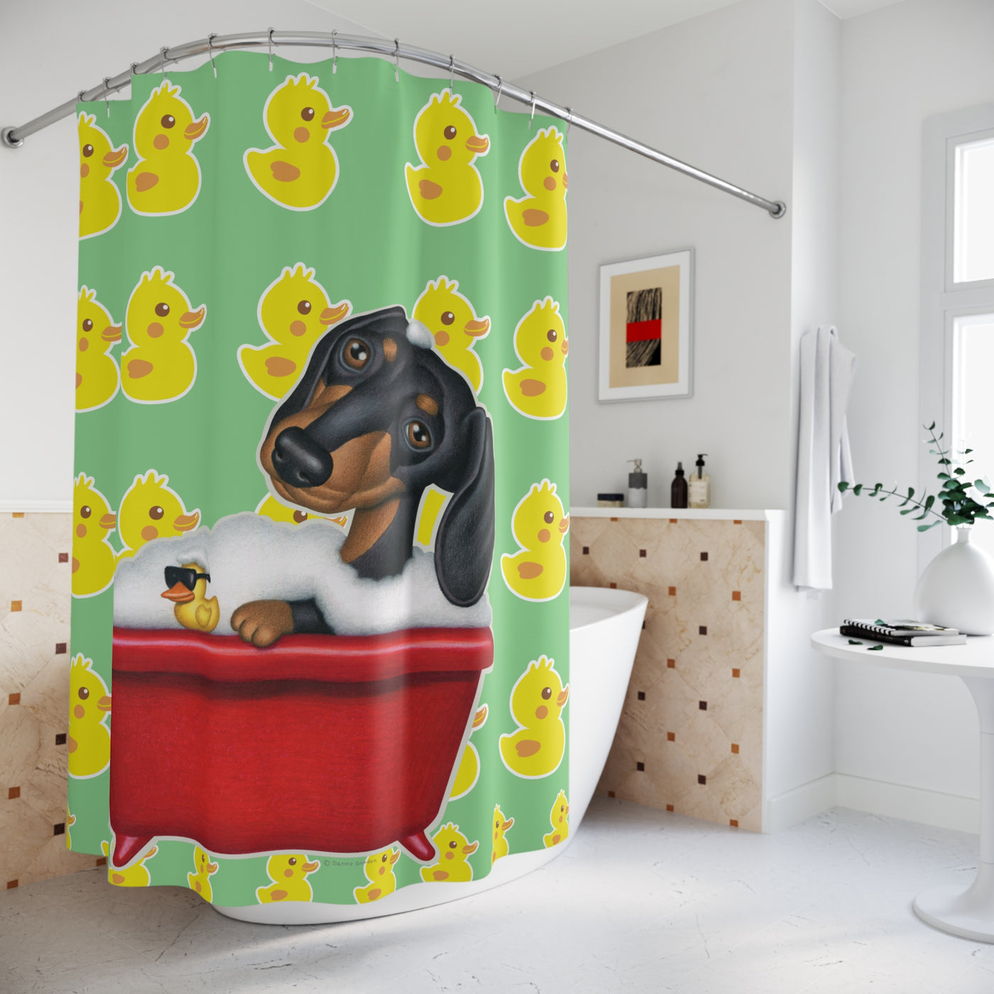 Cute Black Dachshund Dog Bathing In Tub, Lime Green Duck Pattern