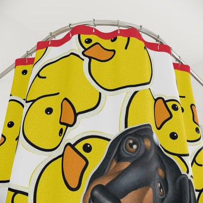 Cute Black Dachshund Dog Bathing In Tub, Yellow Ducks