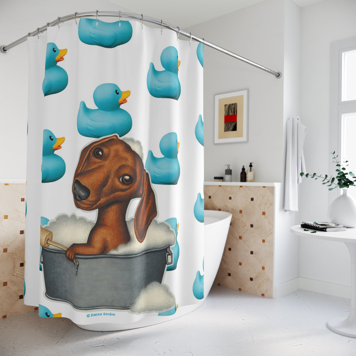 Cute Dachshund Dog Taking Bubble Bath In Tub, Blue Ducks