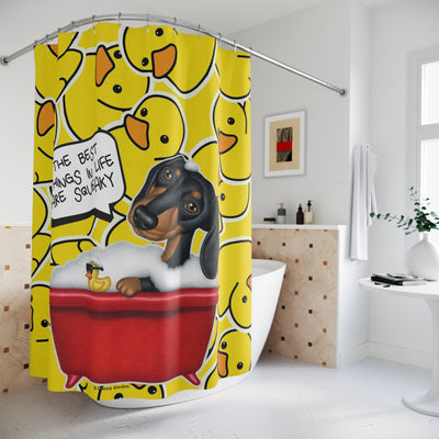 Adorable Black Dachshund Dog Bathing In Tub, Yellow Duck Pattern with the best things in life are squeaky!