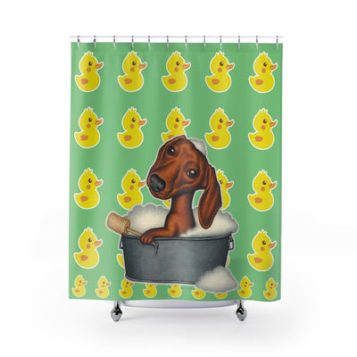 Cute Dachshund Dog Bathing In Tub, Lime Green Duck Pattern