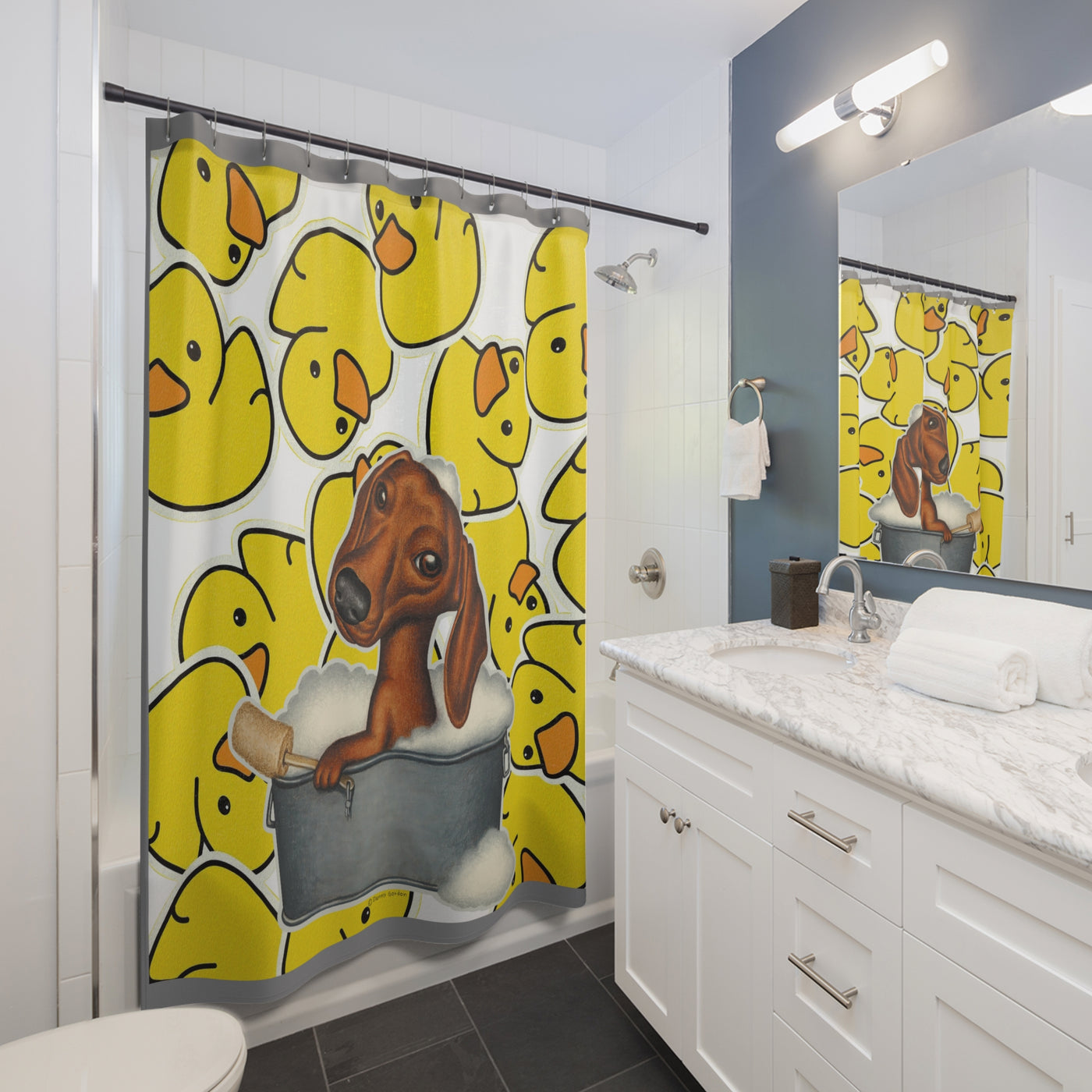 Cute Dachshund Dog Bathing In Tub, Yellow Ducks