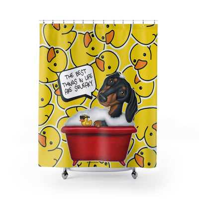 Adorable Black Dachshund Dog Bathing In Tub, Yellow Duck Pattern with the best things in life are squeaky!