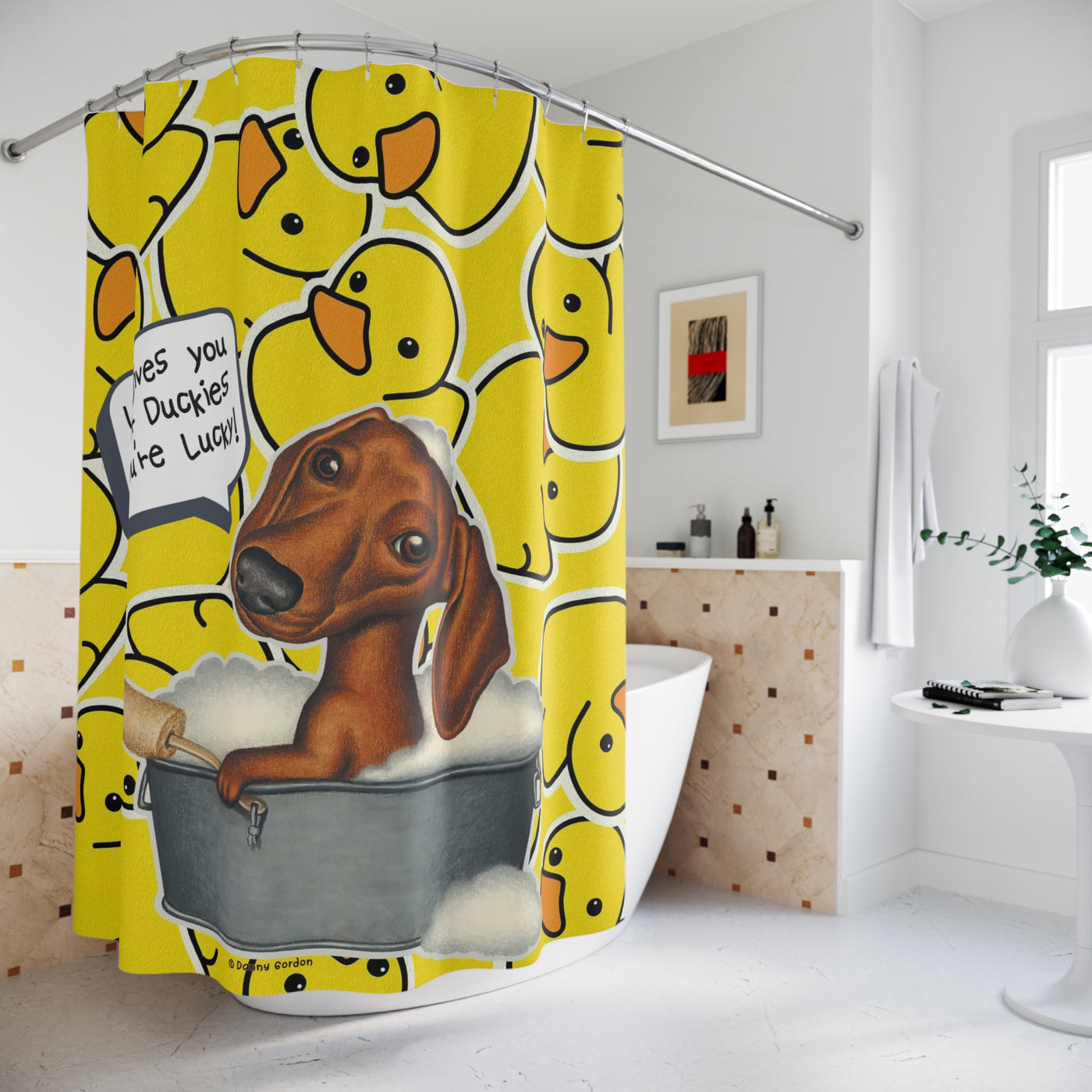 Cute Dachshund Dog Bathing In Tub, Bathroom Decor Art, Yellow Duck Pattern with the words life give you rubber duckies if your lucky