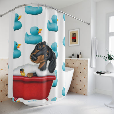 Cute Humorous Black Dachshund Dog Bathing In Tub, Blue Duck Pattern