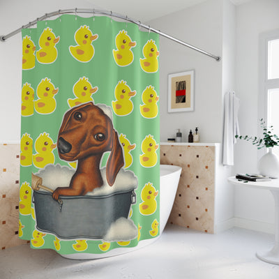 Cute Dachshund Dog Bathing In Tub, Lime Green Duck Pattern