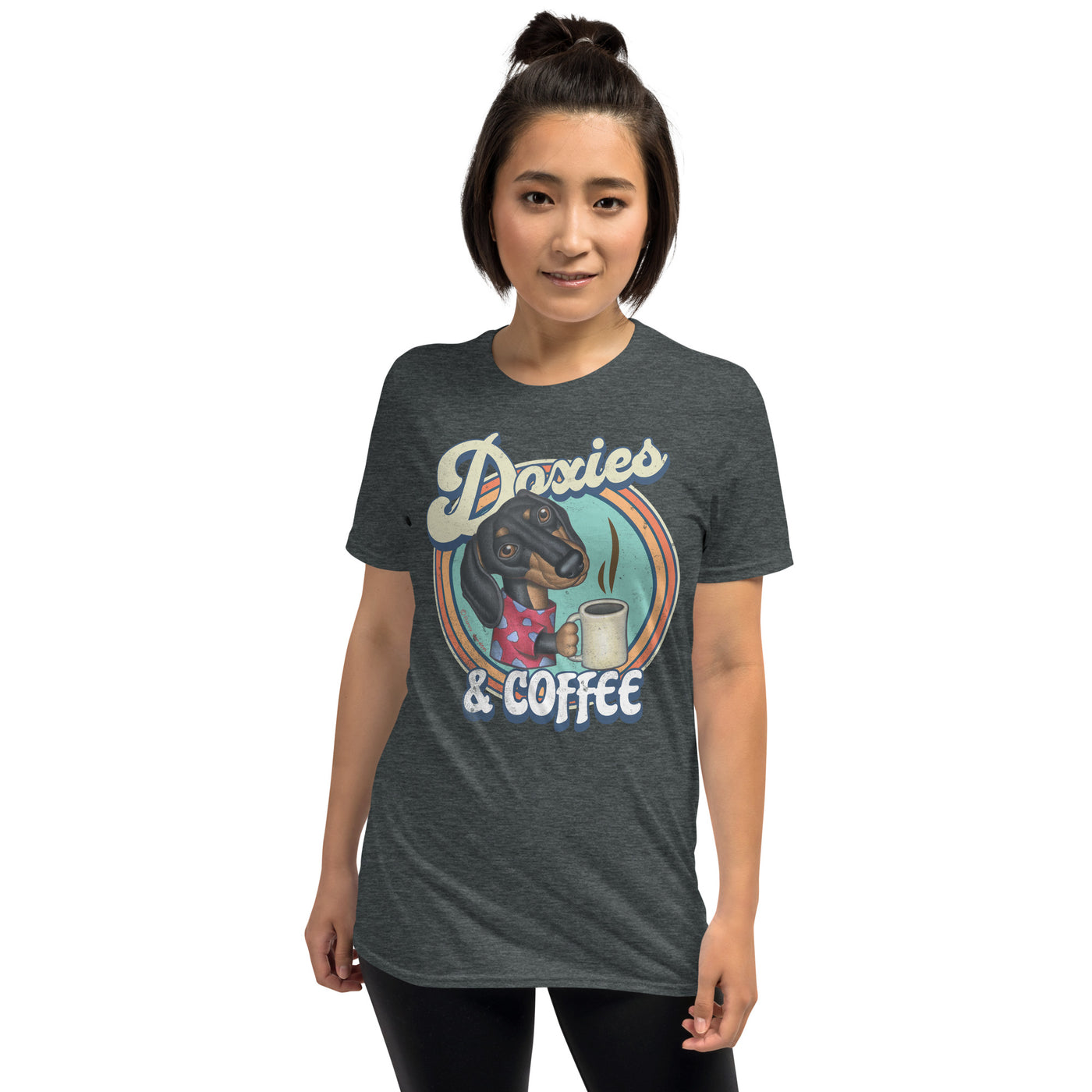 Cute dachshund dog with java on Doxies and Coffee Unisex T-Shirt tee